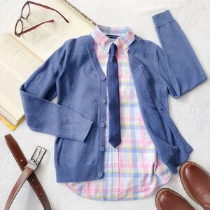Boys Spring Easter Outfit Bundle Size 8–10: Plaid Shirt, Cardigan & Clip-On Tie